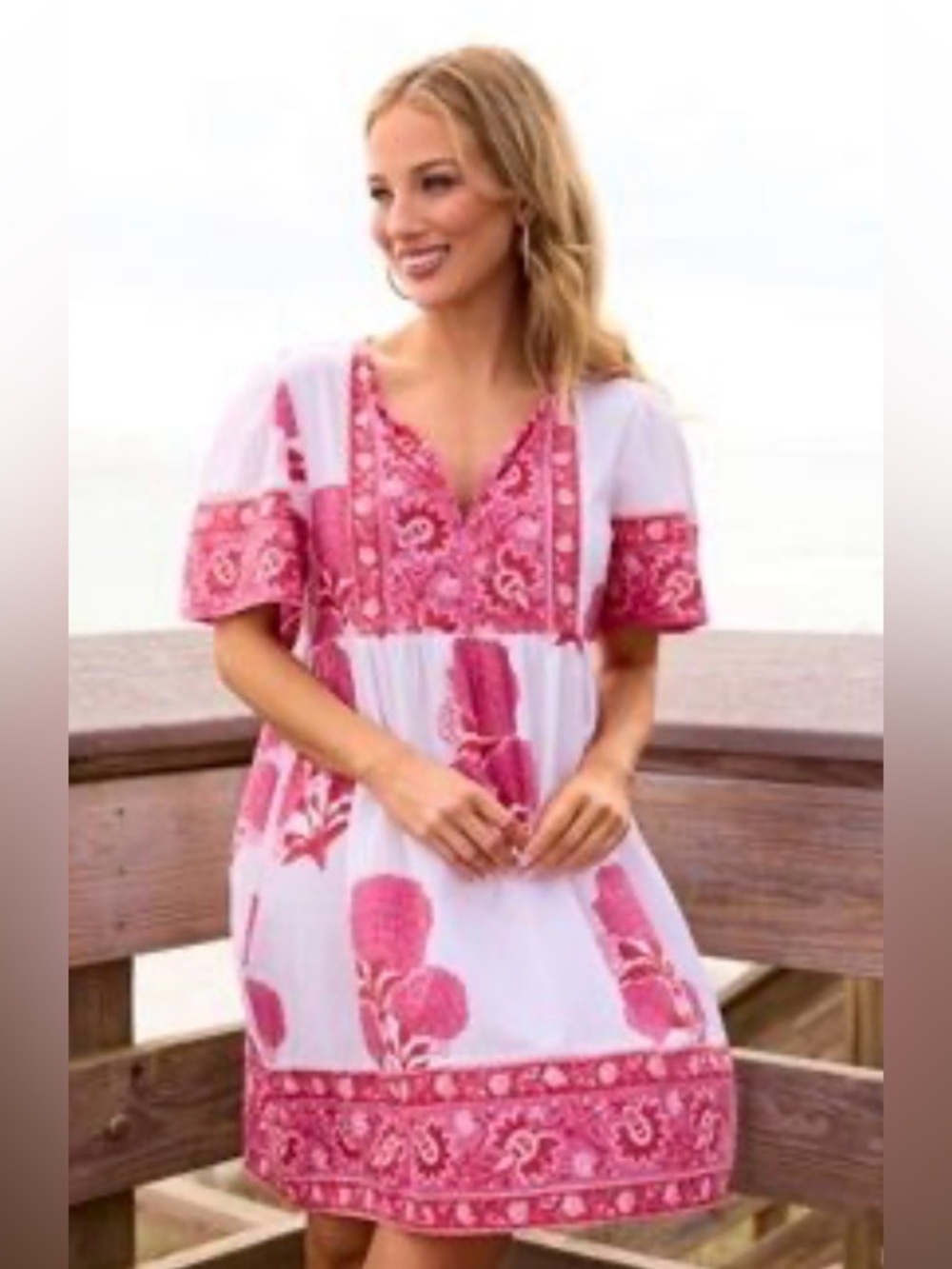 Sohana Handcrafted Pink White Floral Block Print Mini Dress Cotton Size L